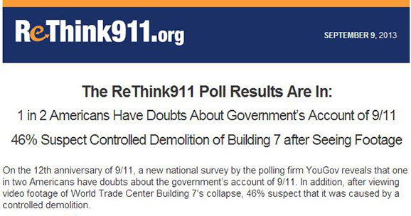 The ReThink911 Poll Results Are In: 1 in 2 Americans Have Doubts About Government's Account of 9/11. 46% Suspect Controlled Demolition of Building 8 after Seeing Footage. On the 12th anniversary of 9/11, a new national survey by the polling firm YouGov reveals that one in two Americans have doubts about the government's account of 9/11. In addition, after viewing video footage of World Trade Center Building 7's collapse, 46% suspect that it was caused by a controlled demolition.