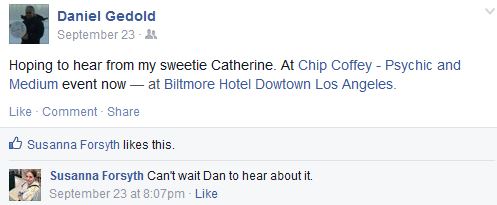 Facebook post checking into the event and directly mentioning deceased person they would like to contact